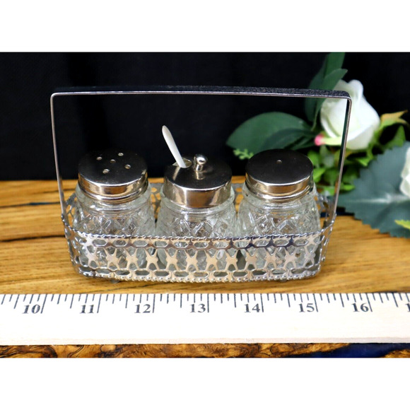 Vintage Arnart 5th Avenue Glass 3 Jar Condiment Salt & Pepper Set & Metal Stand - Picture 2 of 6